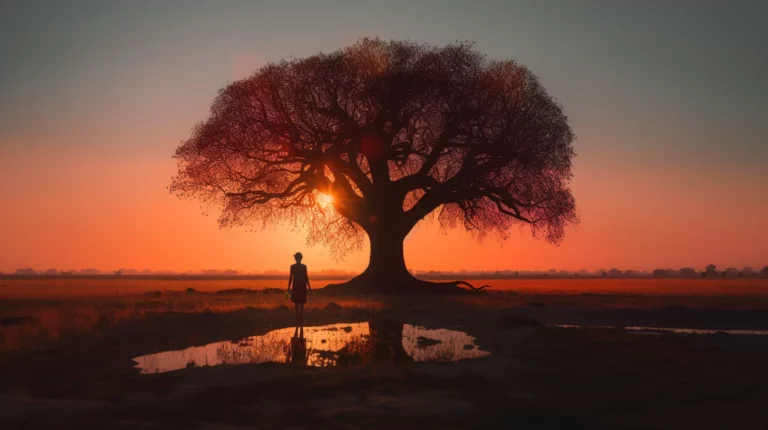 A person standing under the tree of life that represents a spiritual symbol