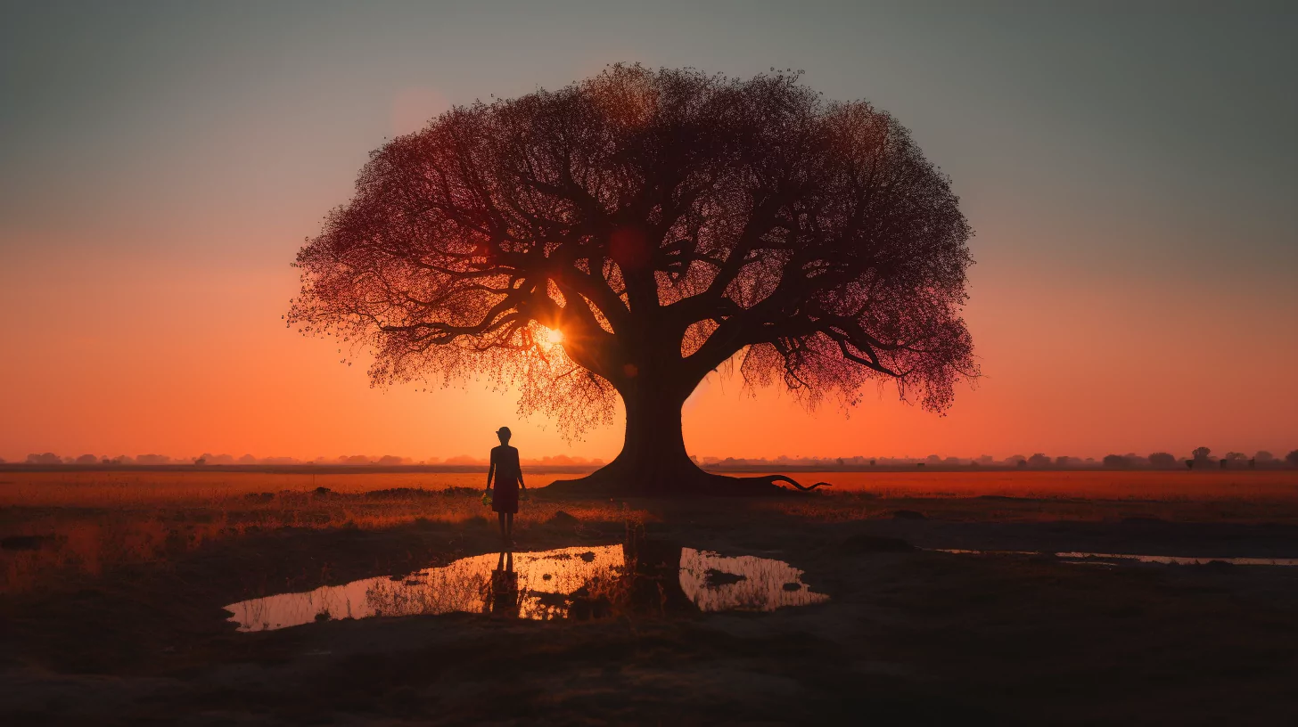 AI-generated image of a person standing under the tree of life that represents a spiritual symbol