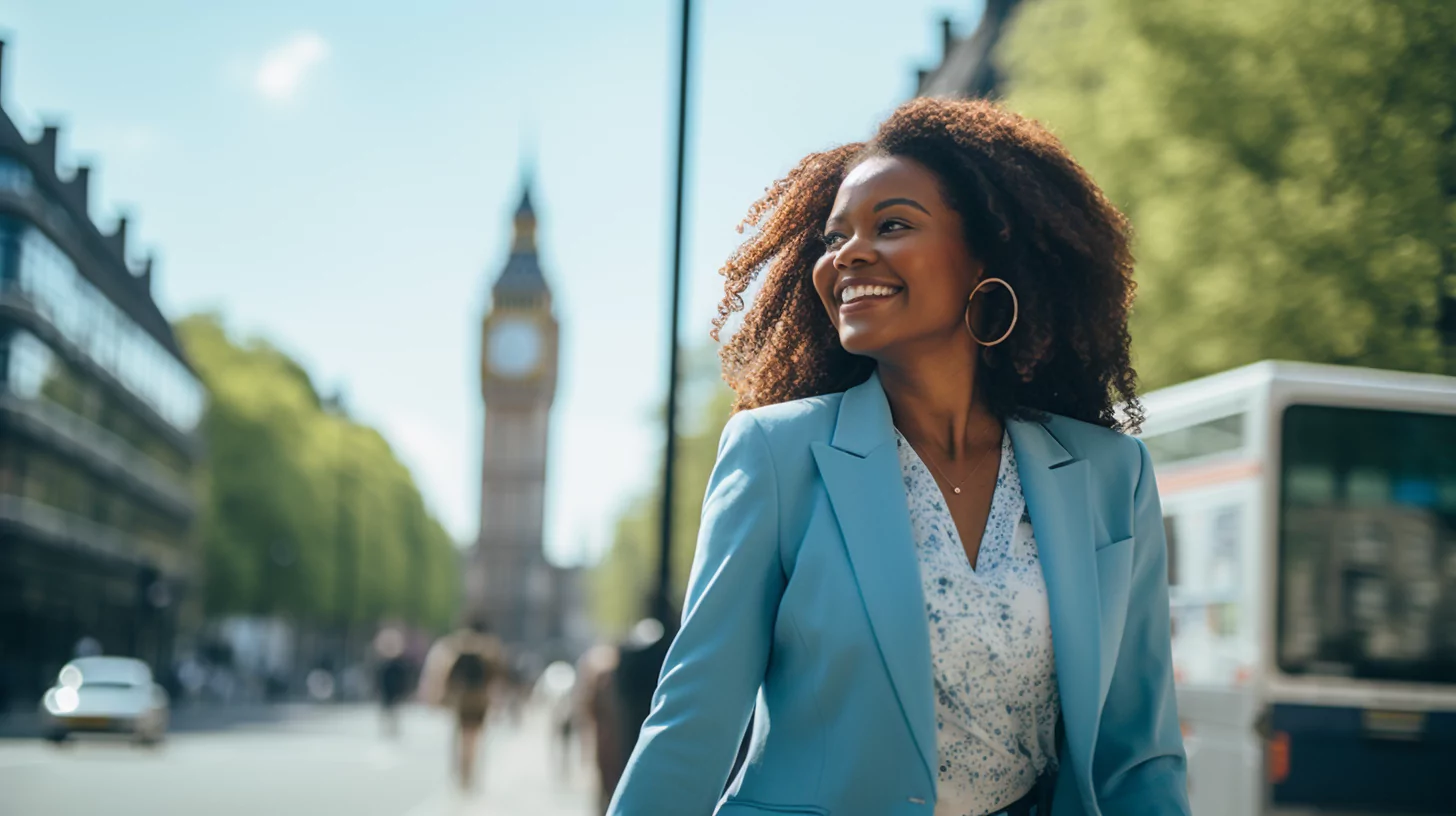 AI-generated image of a woman with financial freedom walking down the streets of London