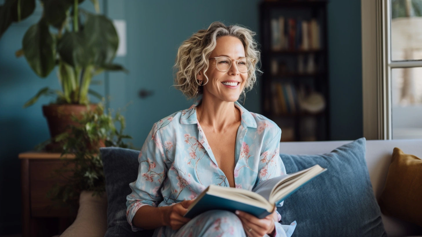 AI-generated image of a woman sitting on a couch with a book