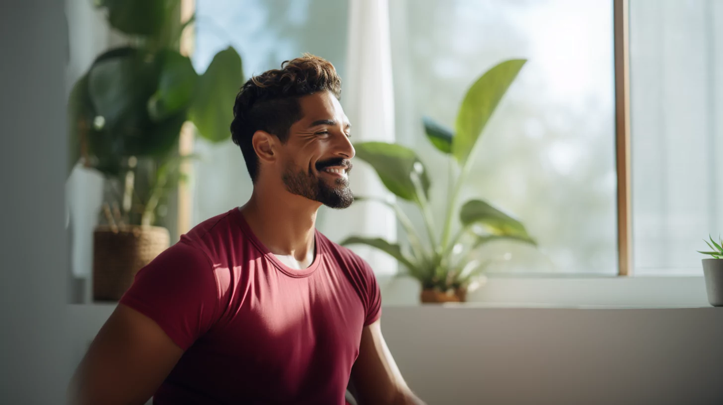 AI-generated image of a man practicing Buddhist meditation indoors with plants nearby