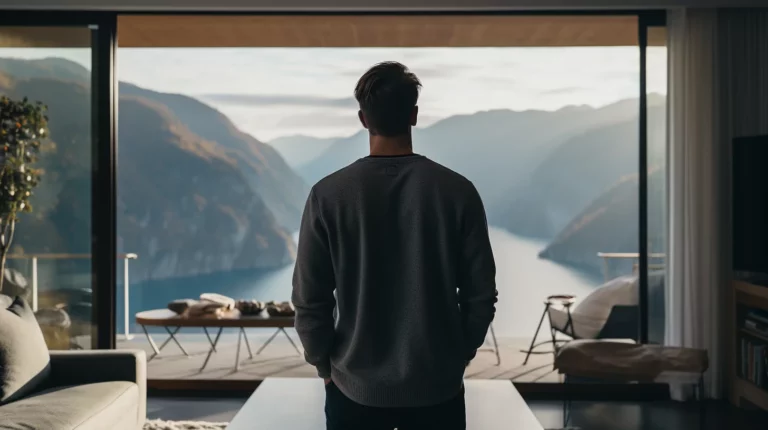 AI-generated image of a man looking out at the scenery from his living room