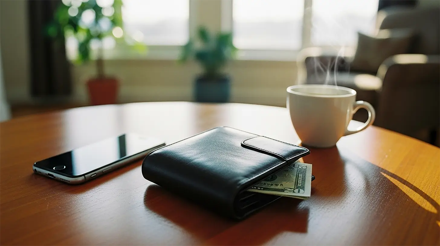 A wallet depicting money wounds on top of a table with a phone and a cup of coffee