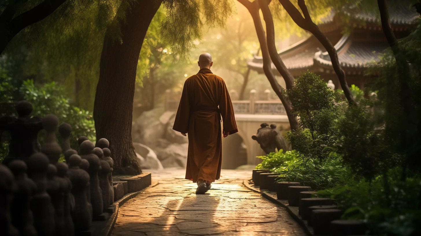 A Buddhist monk walking through a Buddhist temple courtyard