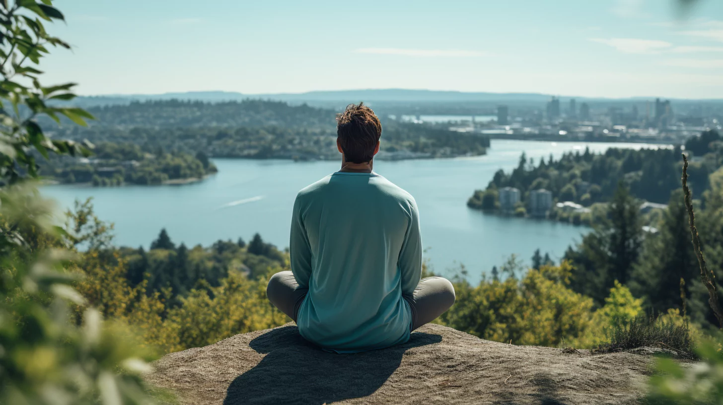 A man practicing meditation for beginners on top of a hill overlooking a lake