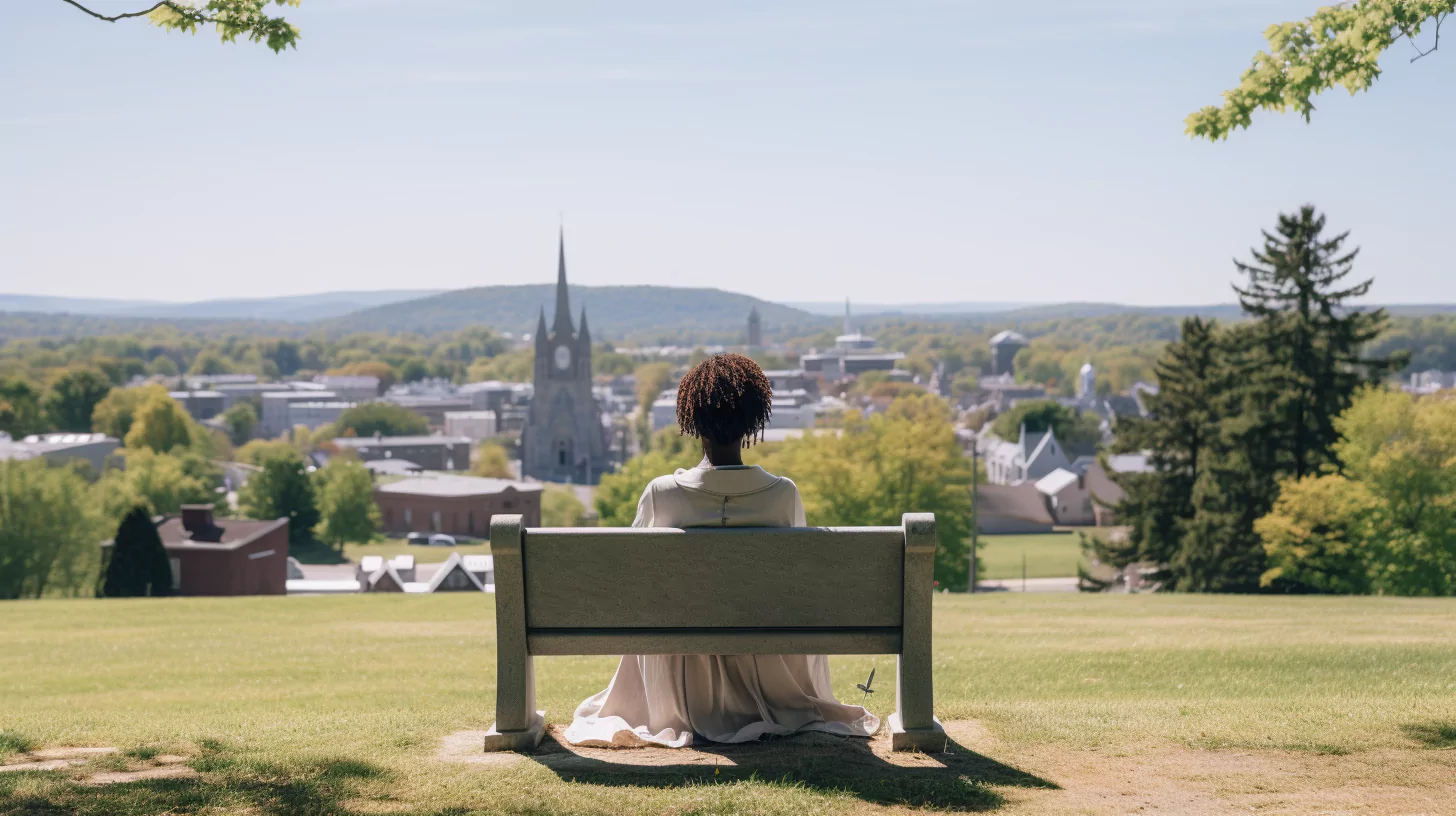 A woman sitting on a bench on a hill overlooking a church and cemetery