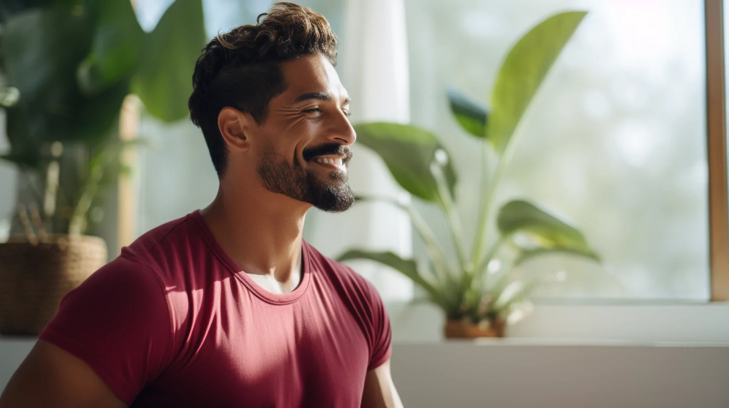 A happy man sitting in a living room with plants nearby