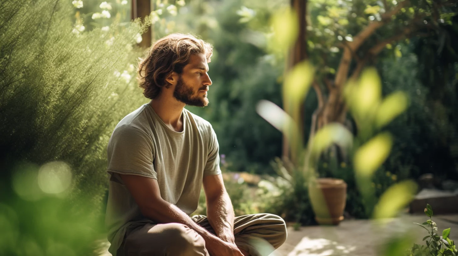 A man meditating in a garden