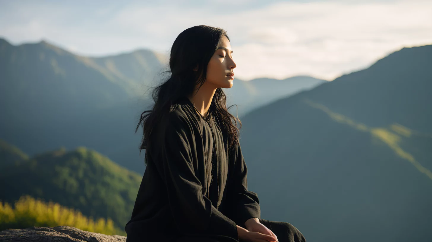 A woman sitting on top of a mountain and doing grief meditation