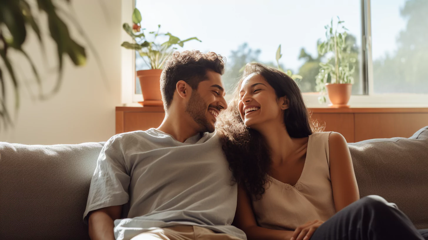 Couple sitting on the couch and showing how to be attractive