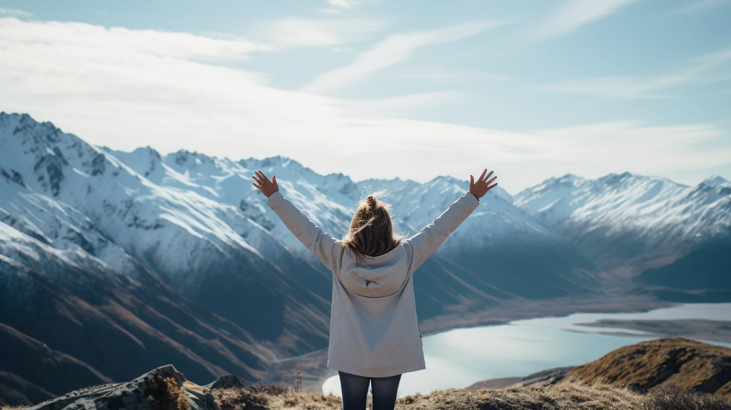 Woman standing on top of a mountain with her arms in the air