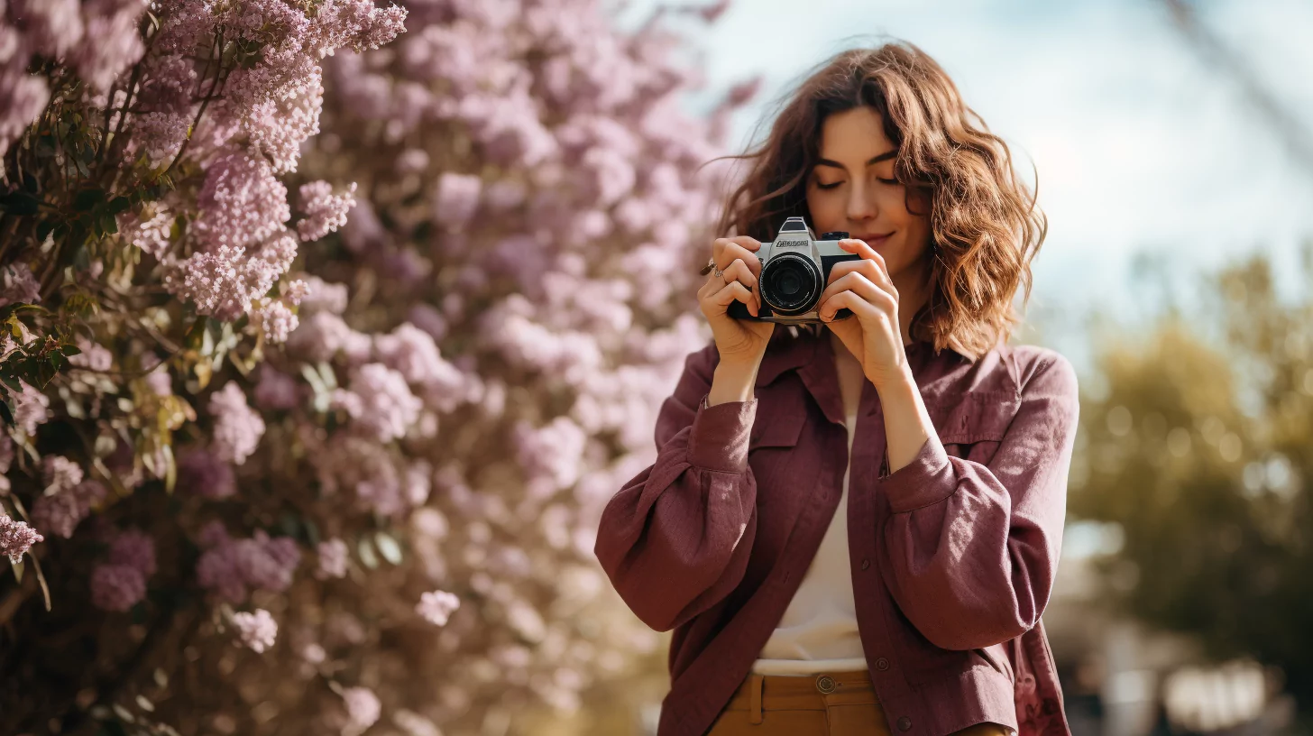 A woman with creative intelligence taking photographs of nature