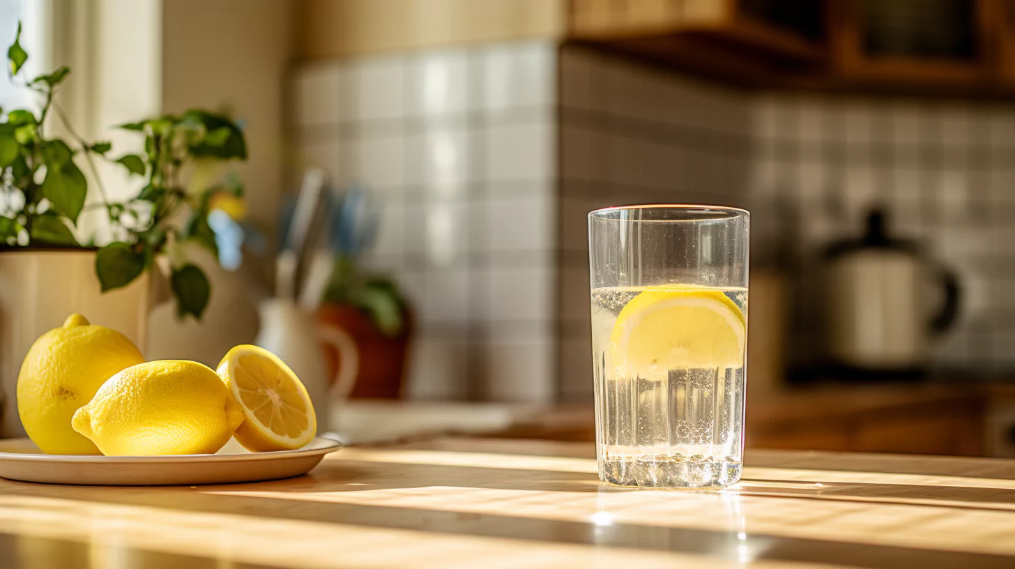 A cup of water with lemon on a kitchen counter