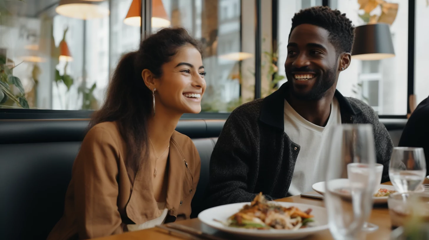 A couple sitting at a restaurant with foods for a gut health diet