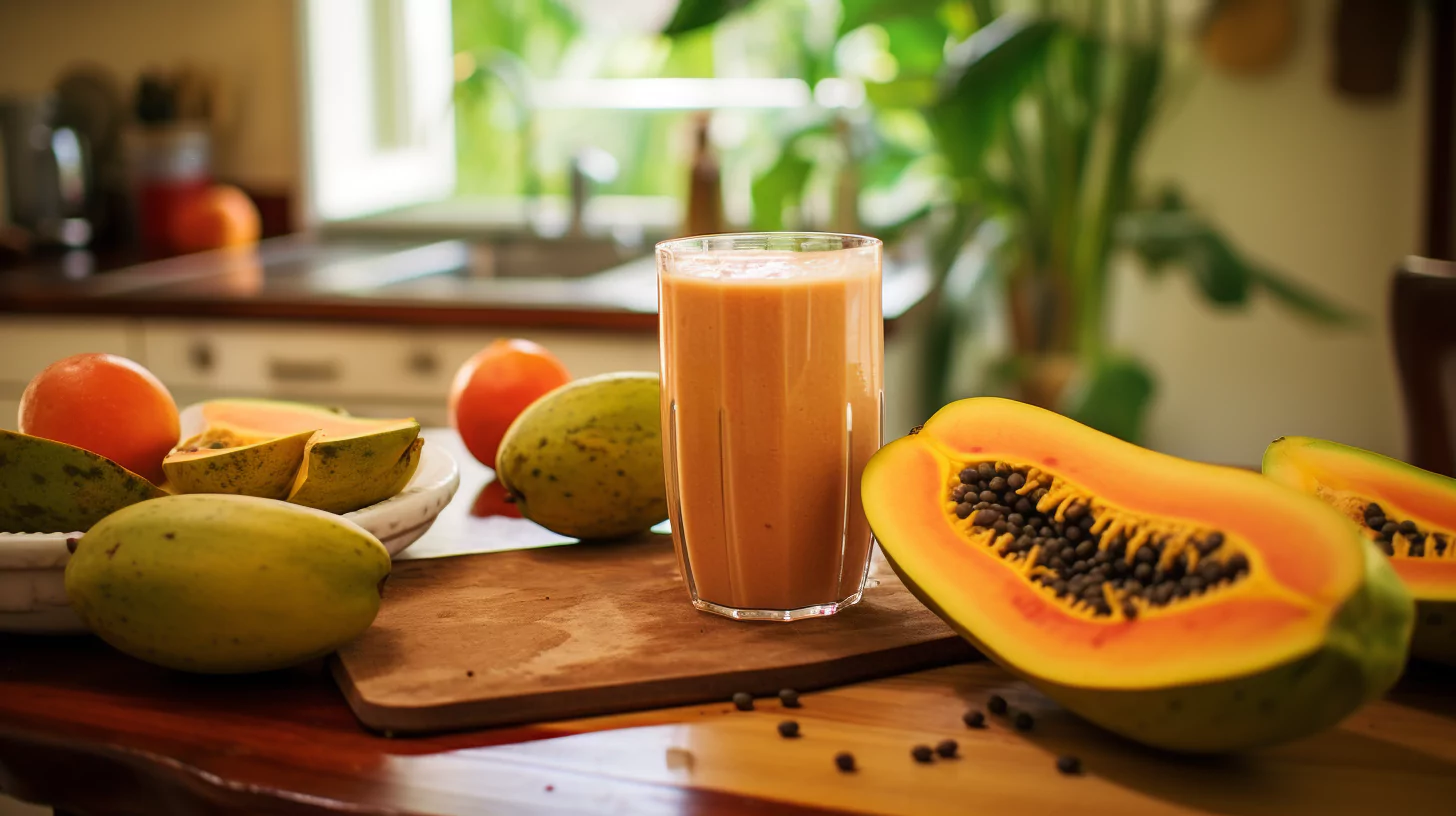 A papaya smoothie on a kitchen counter