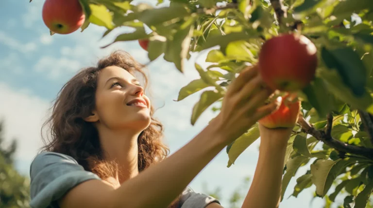 A woman plucking an apple from a tree