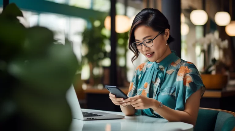 A woman using her phone at a cafe