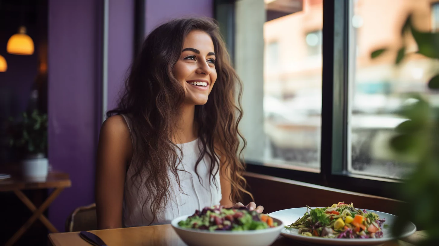 A woman sitting at a restaurant with a table full of food