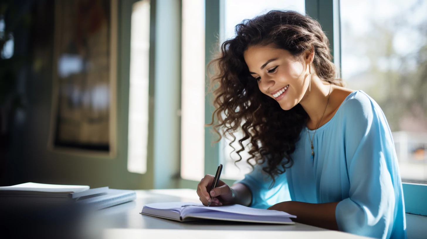 A woman writing her long-term goals in a notebook