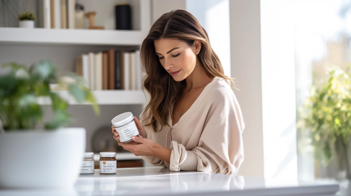 A woman looking at a bottle of gut health supplements