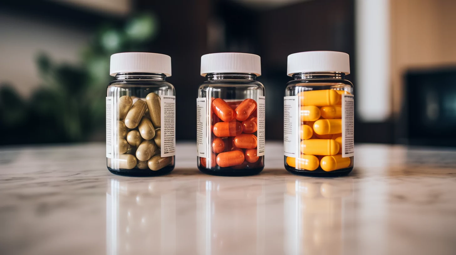 Bottles of gut health supplements on a kitchen counter