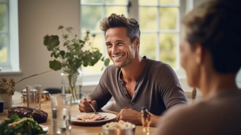 A man sitting at a table with food to explore intuitive eating