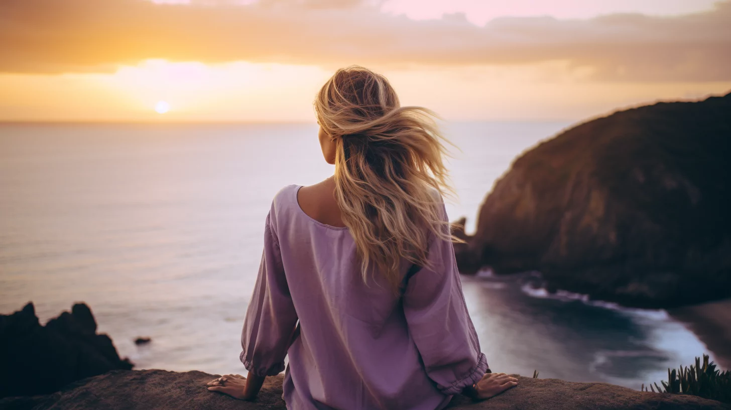 A woman sitting at the edge of a cliff overlooking the sea