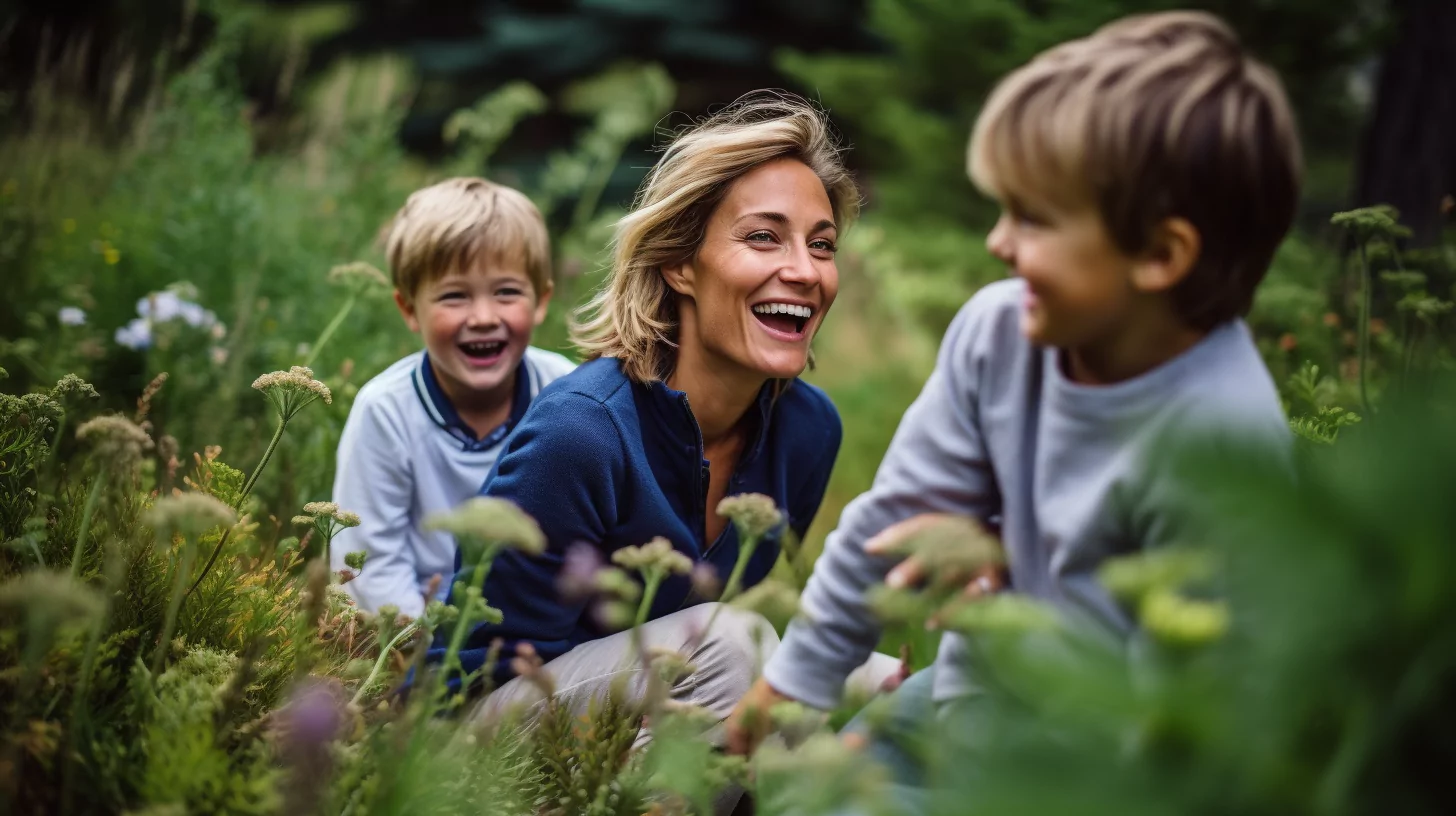 A mother and her children in a garden