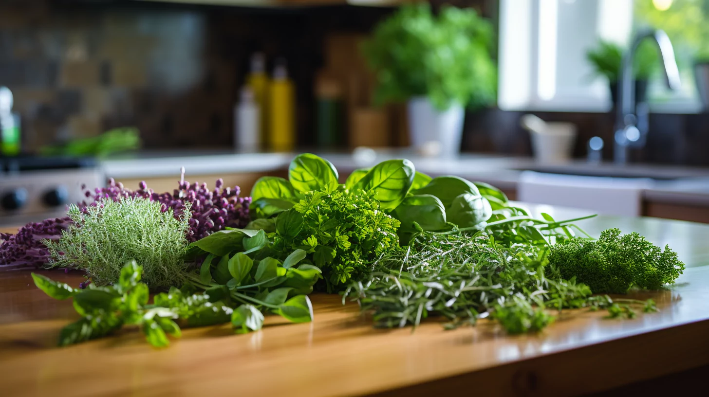 Vegetables and herbs for brain-gut connection placed on a kitchen counter