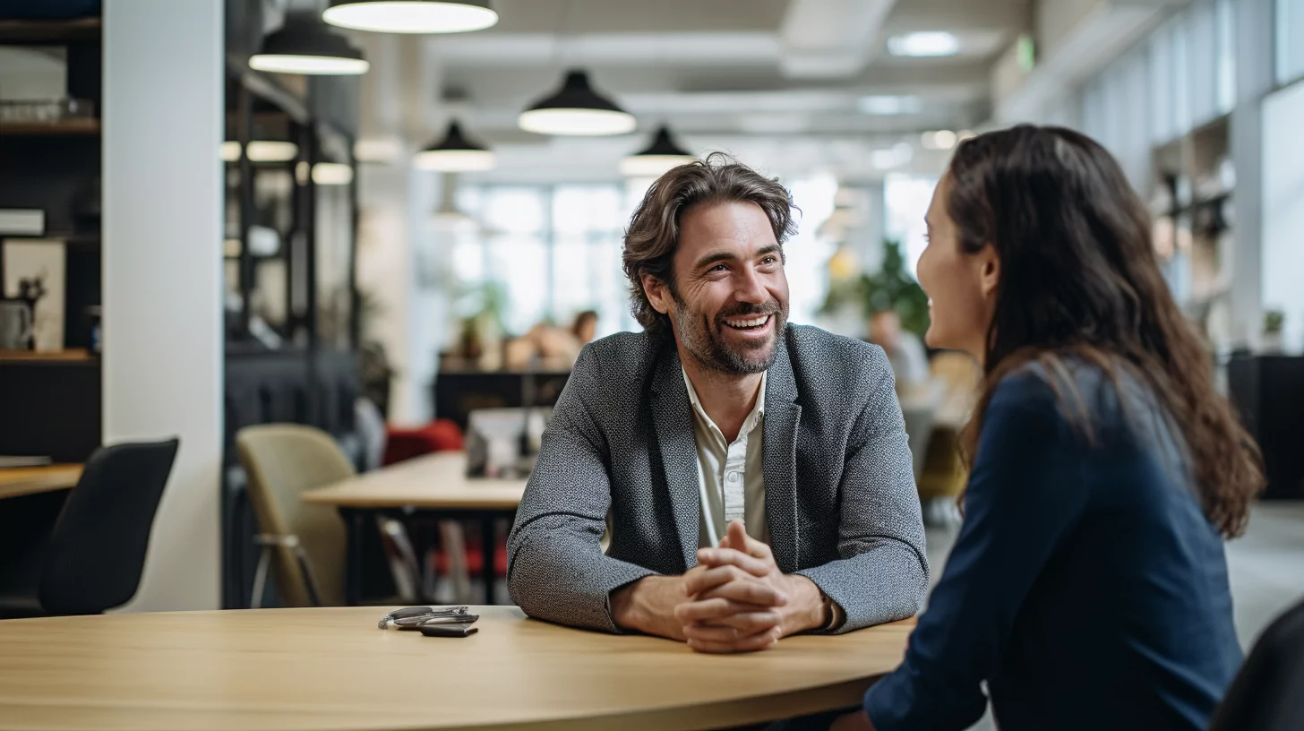 Man and woman in a casual coaching conversation