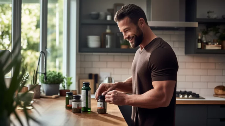 A man looking at bottles of vitamins for gut health