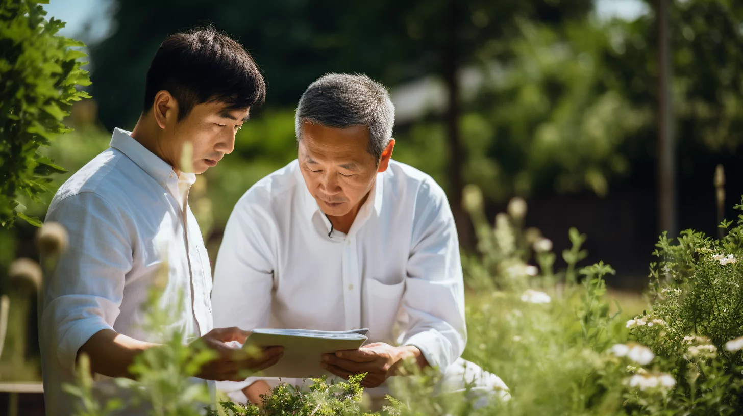 A nutrition coach teaching a student in a garden outdoors