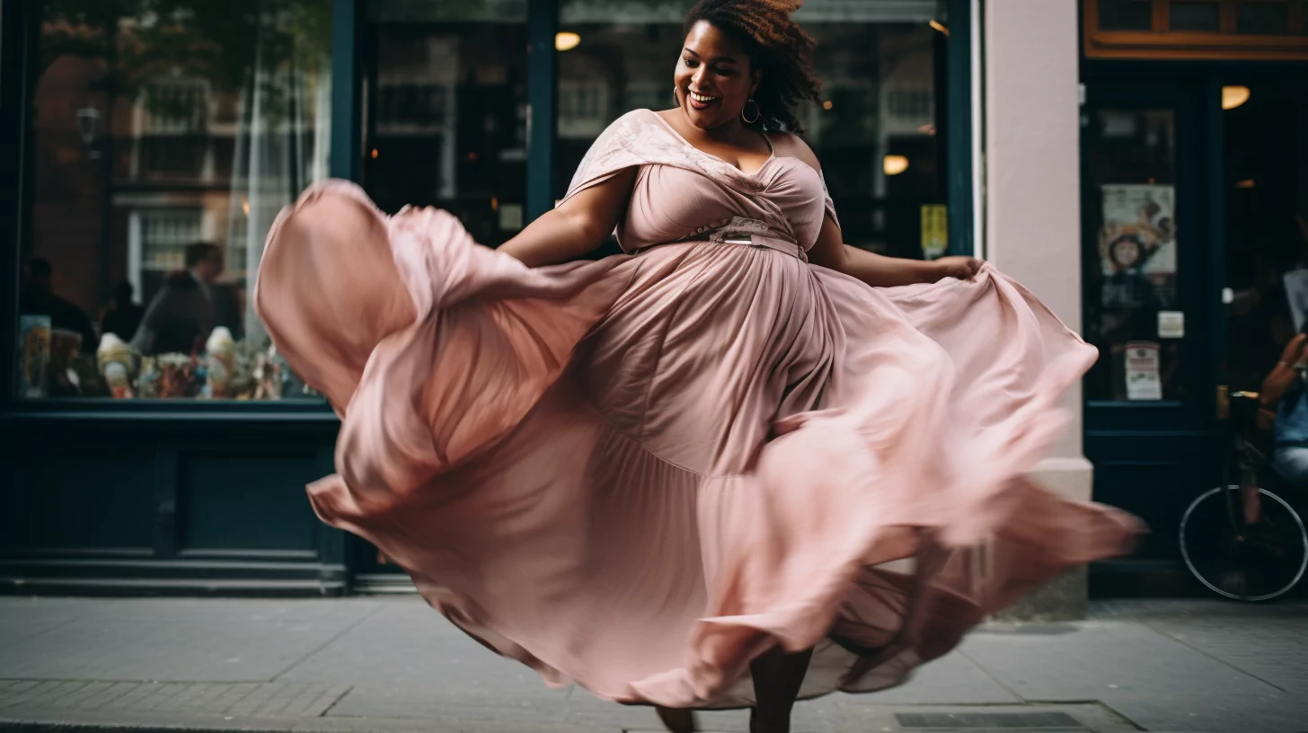 An endomorph female dancing on the street in a beautiful dress