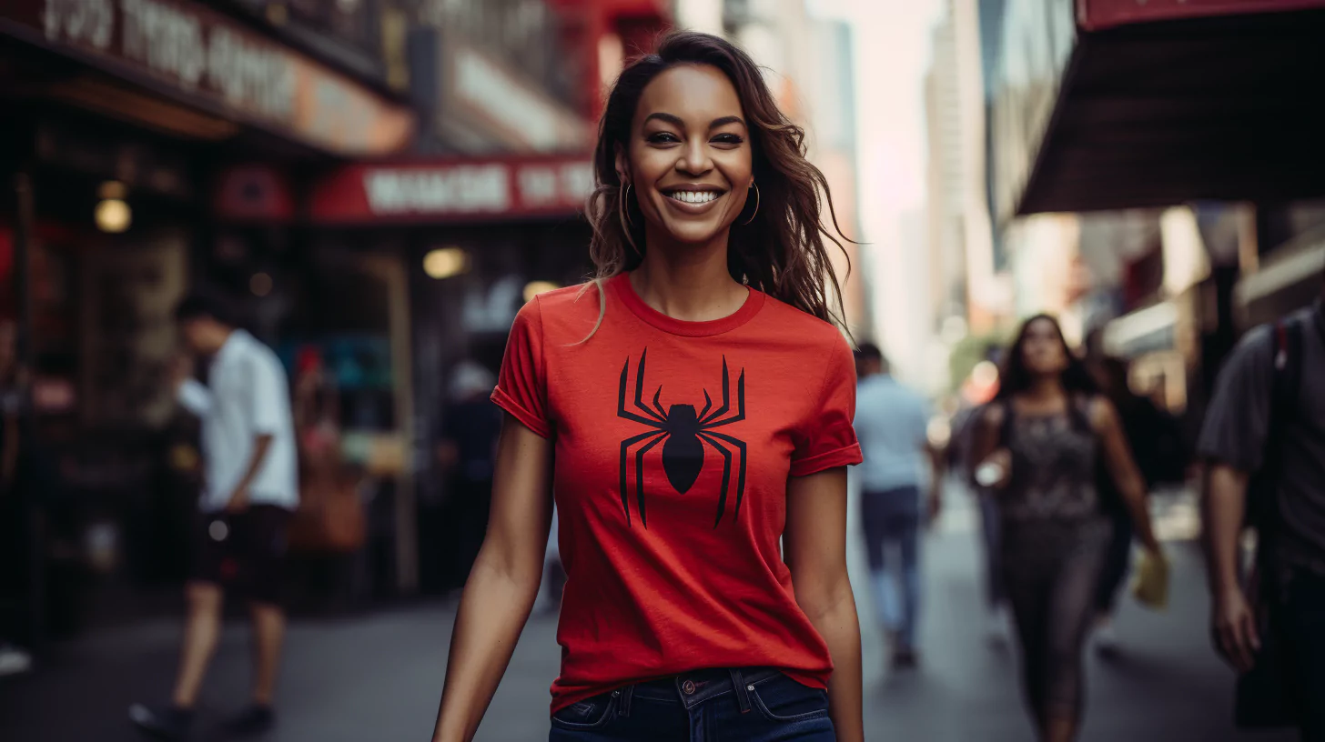 A woman wearing a Spider-Man t-shirt walking in the city streets