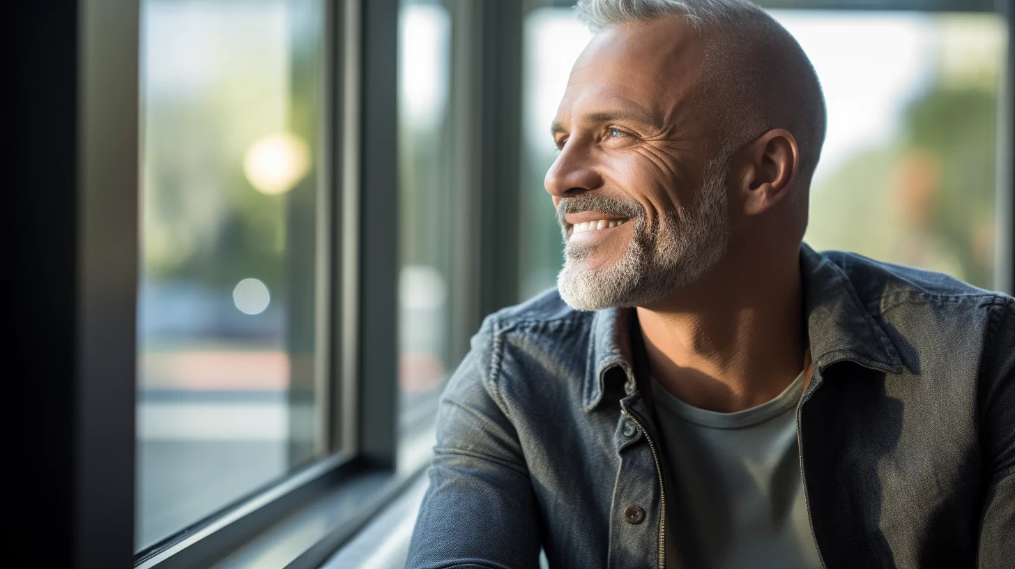 Happy man looking out the window