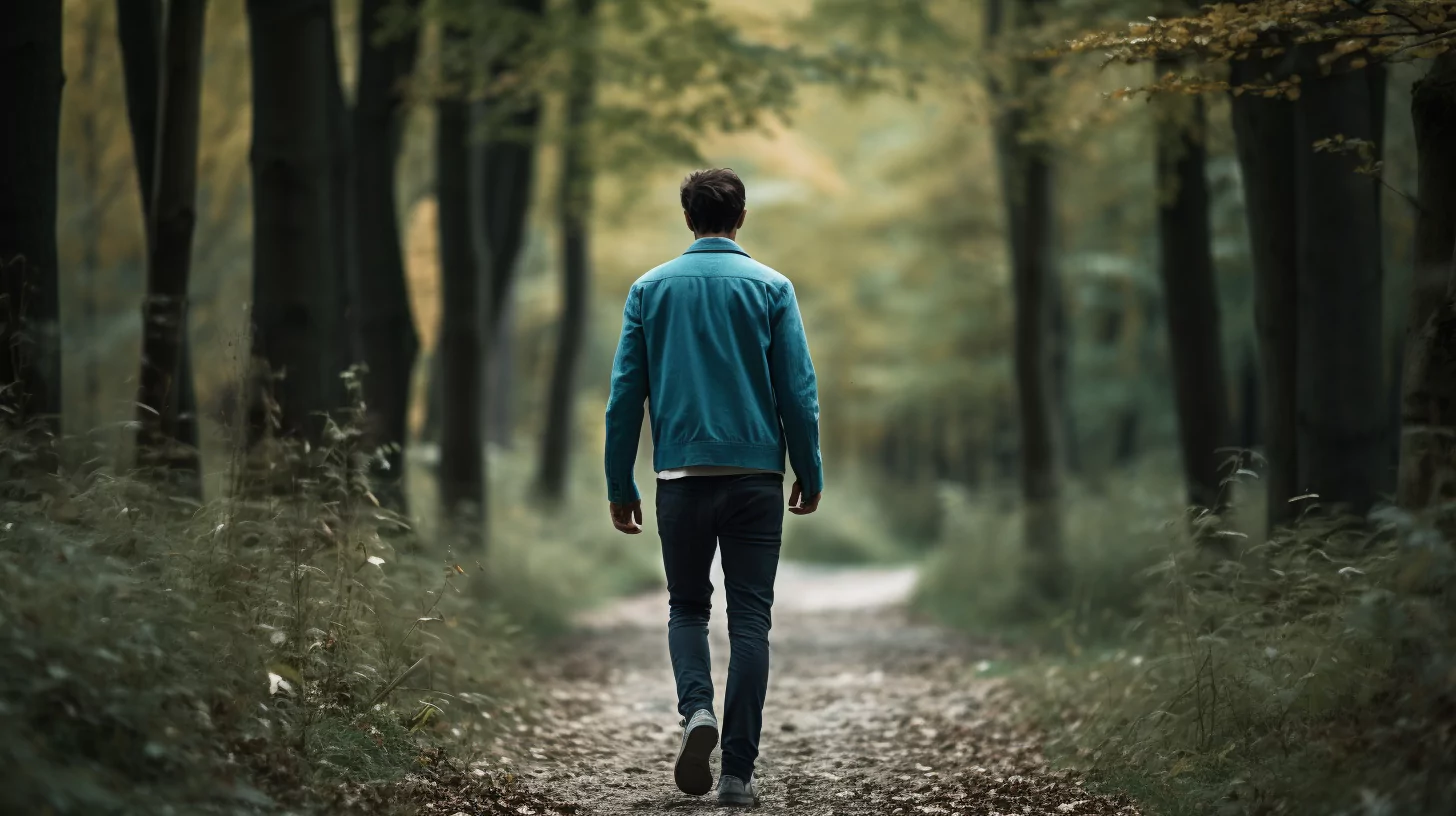 A man with low vibration walking in nature