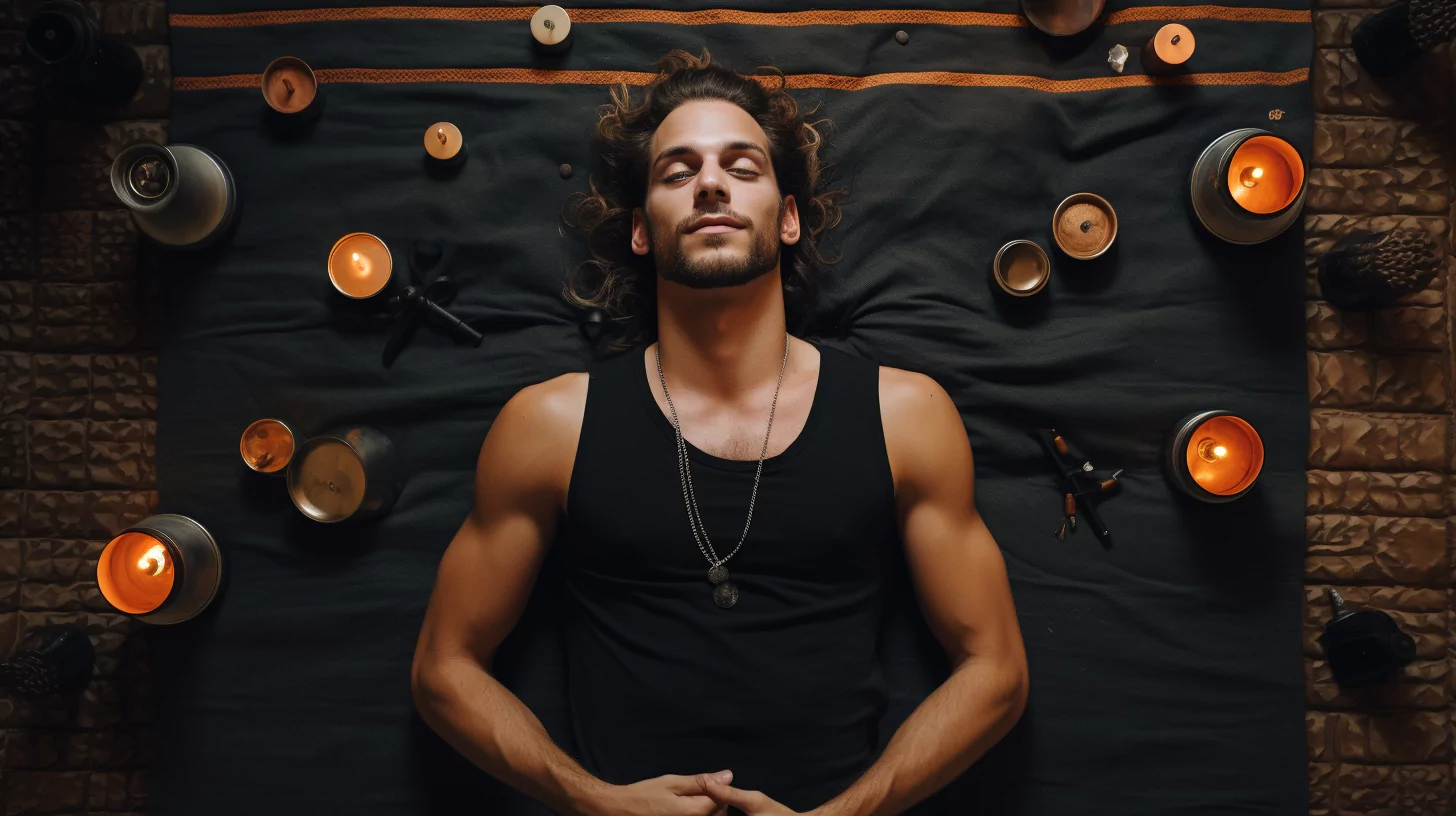 A man laying on the ground and doing pranic healing