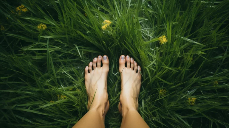 Bare feet earthing on grass