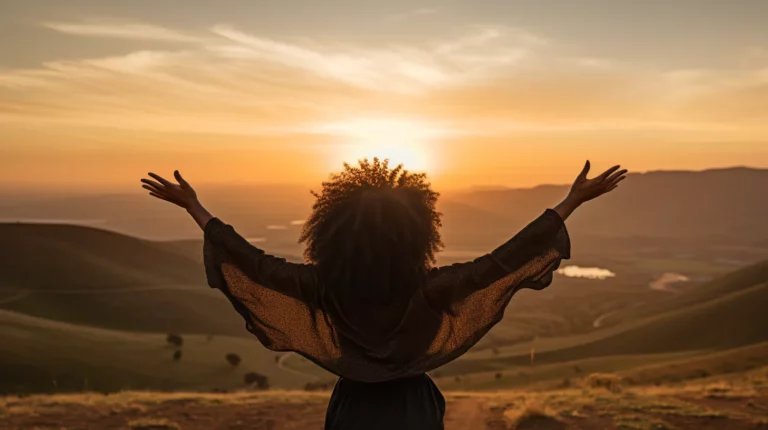 A woman with her arms raised, practicing pranic healing