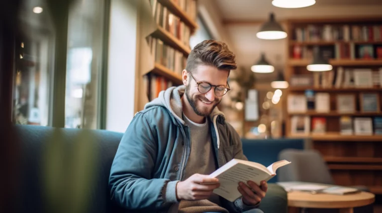 A man using his gamma brain waves while reading a book