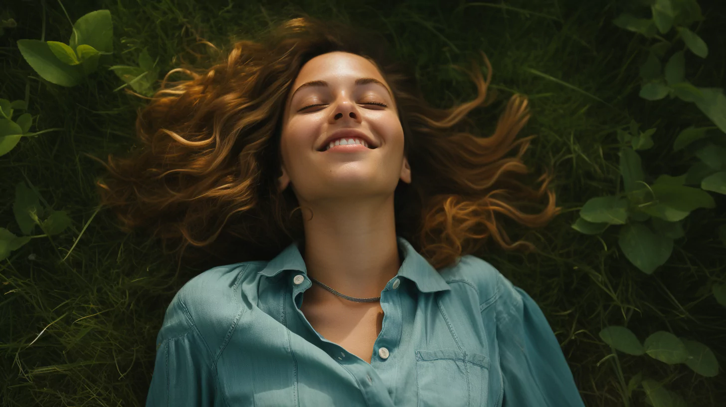 A woman lying on a field of grass and thinking about the existential intelligence