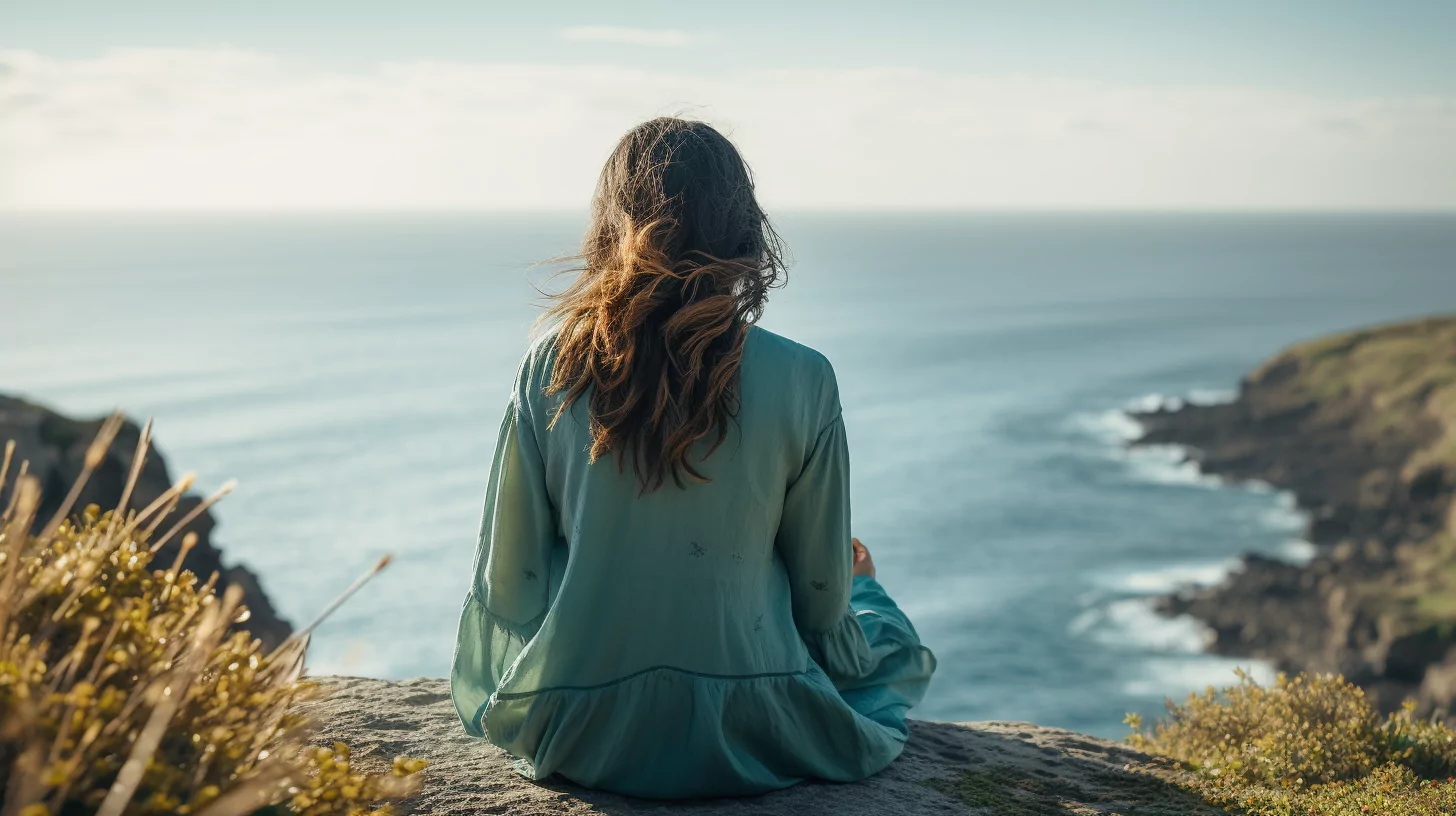 A woman with low vibration sitting at the edge of a cliff overlooking the ocean