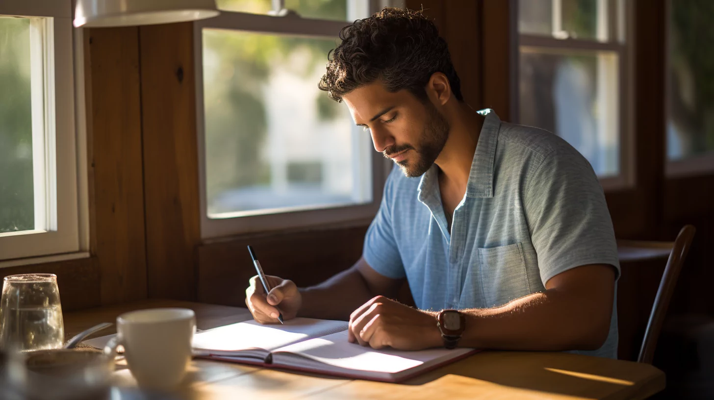 A man writing his goal chart in a journal