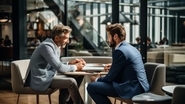 A male coach in conversation with his client.