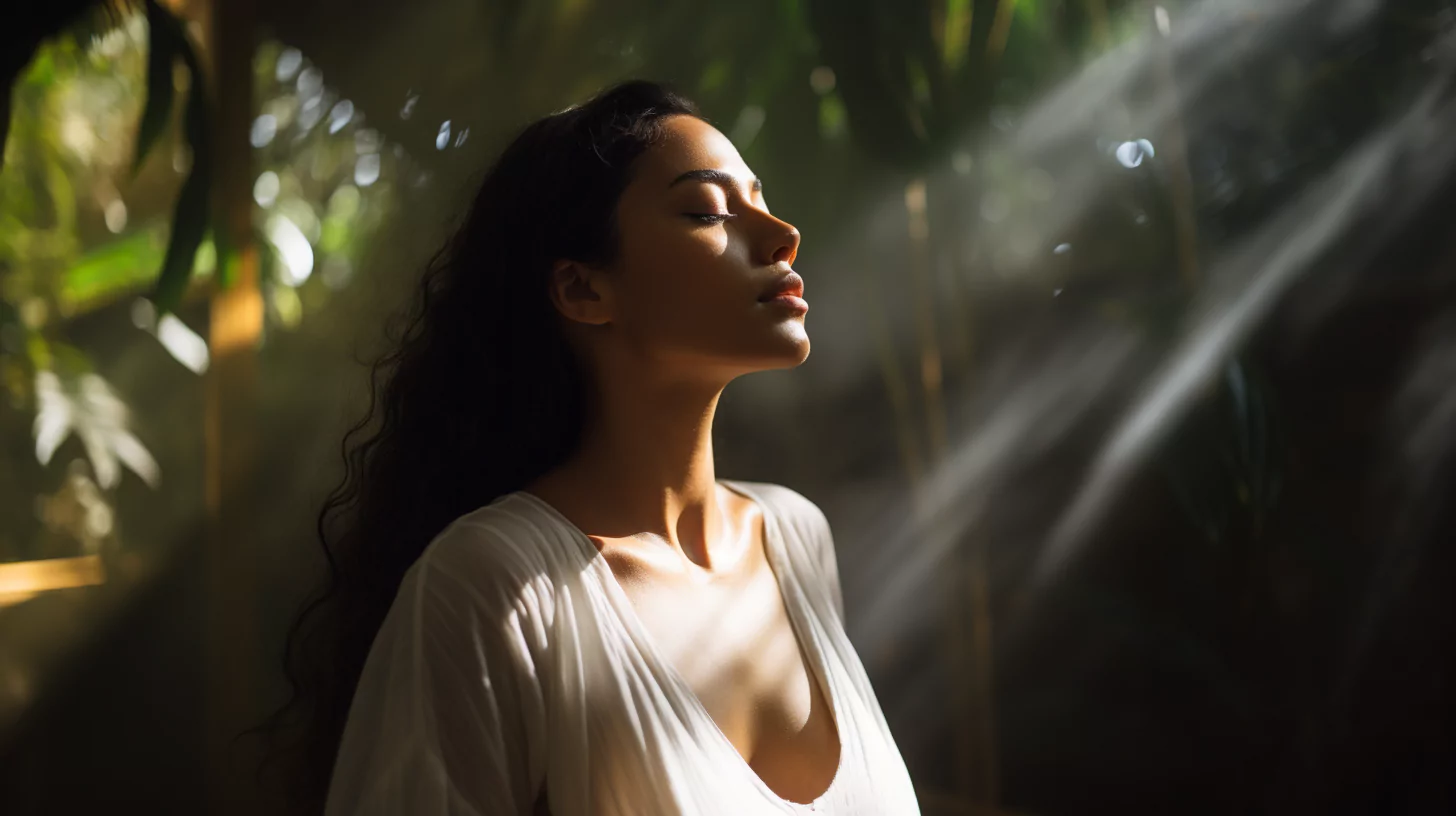 A woman in the forest understanding the meaning of consciousness