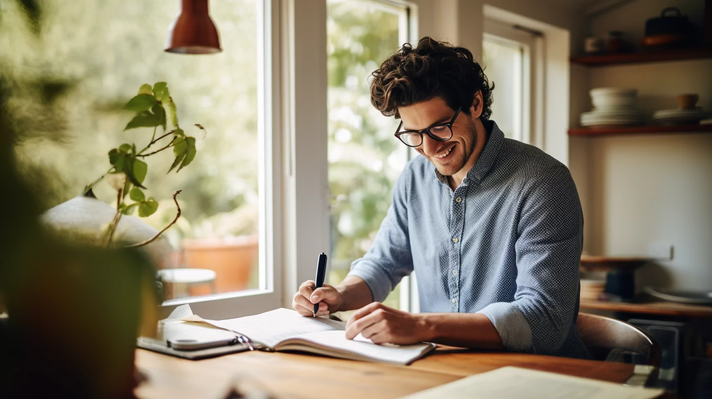 A man writing his 3 MIQs in a notebook