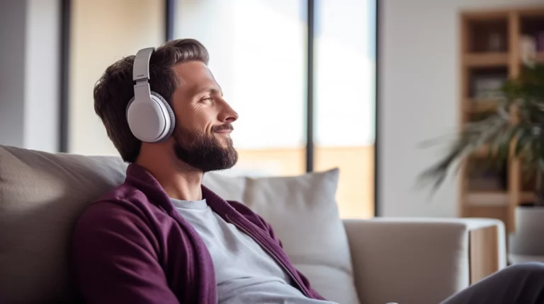 A man listening to binaural beats with headphones on