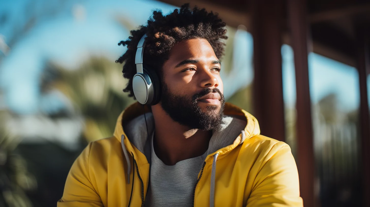 A man listening to self-improvement podcasts with headphones on