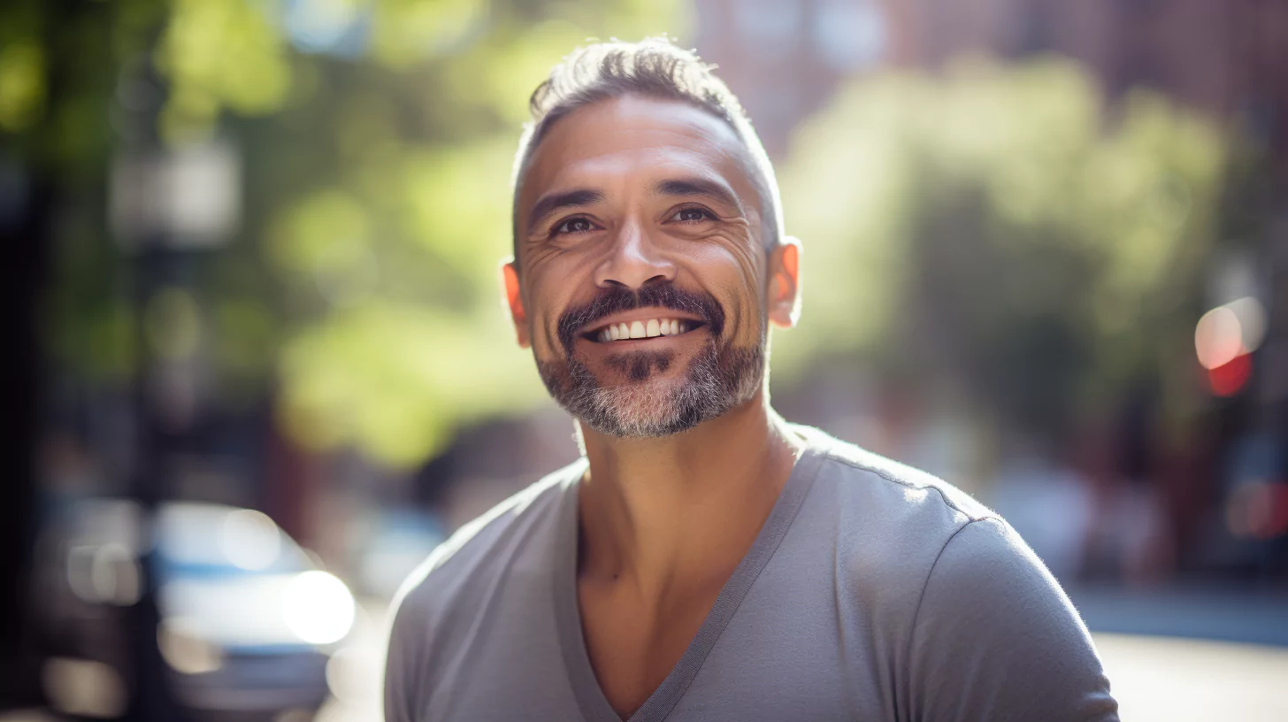 A man smiling with the sun's light shining on him