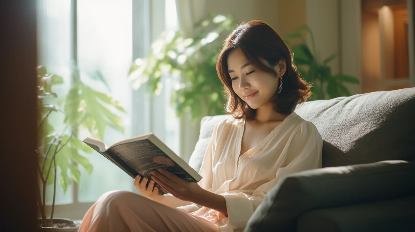 woman reading a book in the morning